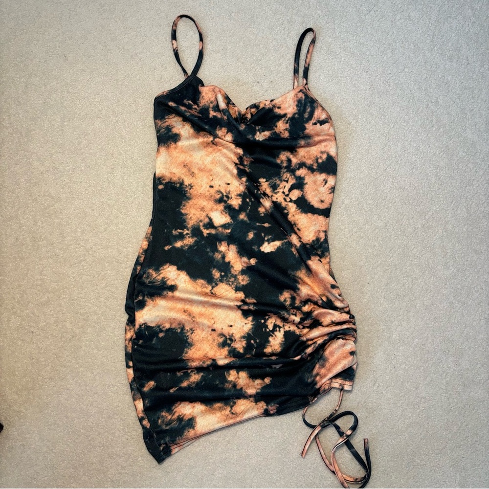 Tie-Dye Ruched Cowl Neck Bodycon Dress